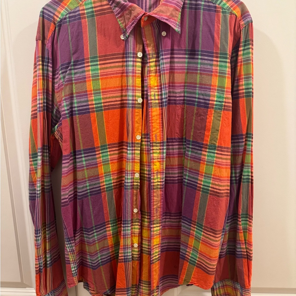 Gant Rugger Madras Plaid Handloom Large Button Down Orange Pink Prep L E-Z